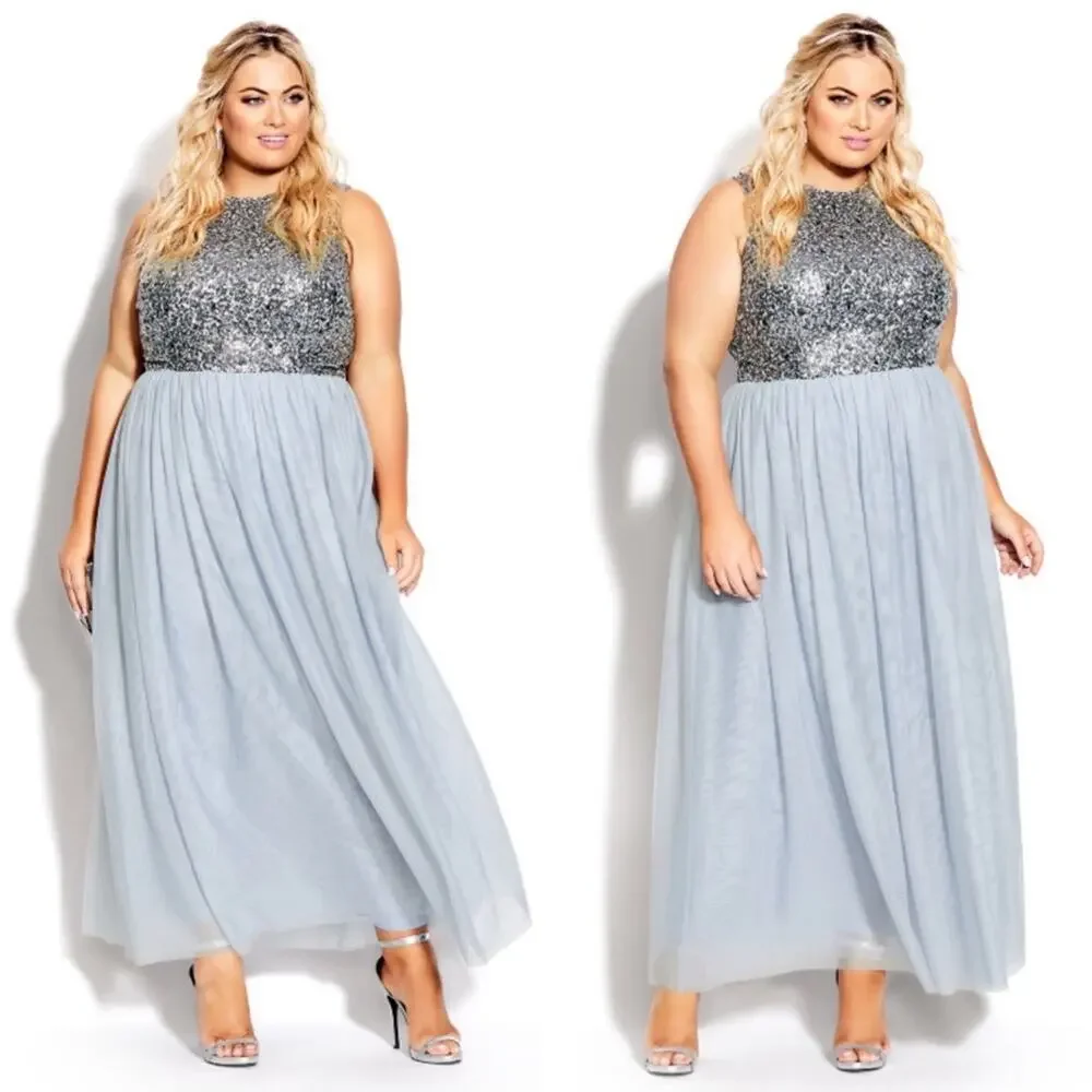 CITY CHIC Shine Bright Maxi Dress in Blue Aquamarine Sequins Tulle Size 14 NEW